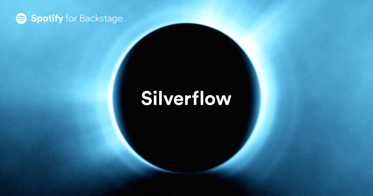 The Silverflow logo emanating from the center of a mysterious portal hovering in space and shimmering in shades of blue. The Spotify for Backstage logo is in the top left.